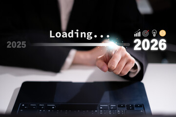 2025 to 2026 timeline loading progress bar transition to new year future forward vision management...