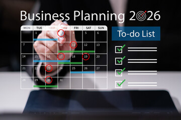Professional entrepreneur businessman using calendar checklist planning business strategy in 2026 sales performance improve success goal achieve office management appointment event reminder working