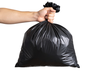 Male Hand Holding Black Garbage Bag Against White Background