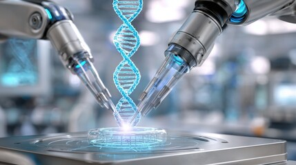 high tech workstation, robotic arms injecting glowing substance into DNA strand model, holographic genetic interface hovering above