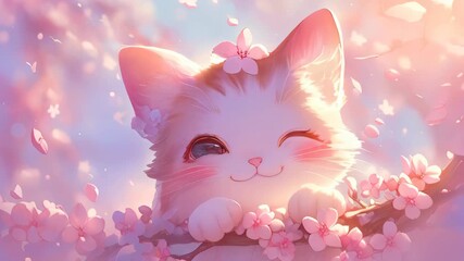 video of Adorable anime-style cat characters featured in spring-themed illustrations