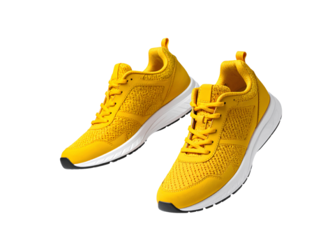 Yellow Running Shoes Floating in the Air on transparent background.
