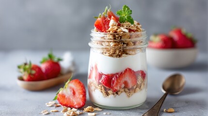 Layered yogurt parfait with granola and sliced strawberries in a glass jar
