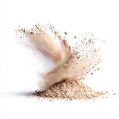 loose powder burst in soft beige tones, captured in motion above a smooth surface, with natural shadows on white background