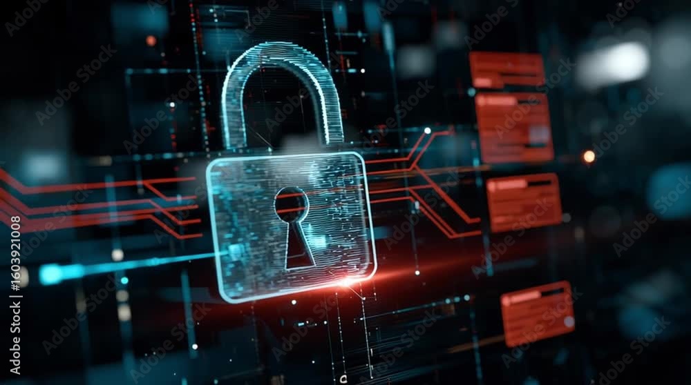 Poster malware prevention software network. a glowing digital padlock symbolizes cybersecurity and data pro
