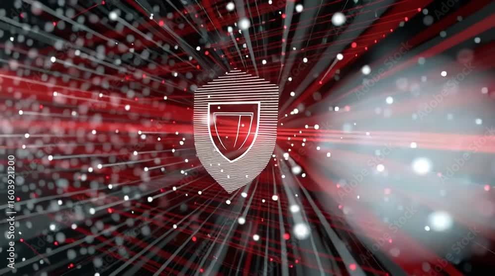 Poster malware prevention software network. a digital shield symbol surrounded by dynamic red and white lig