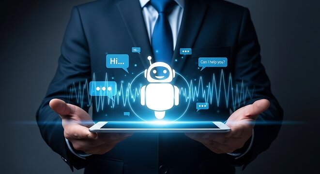 Person holding tablet with ai chatbot interface and conversation bubbles