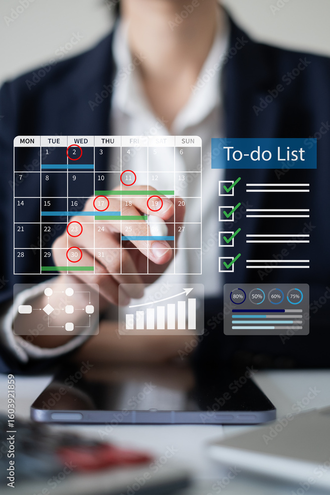 Poster professional entrepreneur businesswoman planning on event month using calendar and checklist managem
