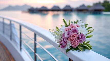 morning light on luxury yacht railing with bouquet of fresh flowers, calm sea, island with bungalows in soft misty sunrise, dreamy vacation mood
