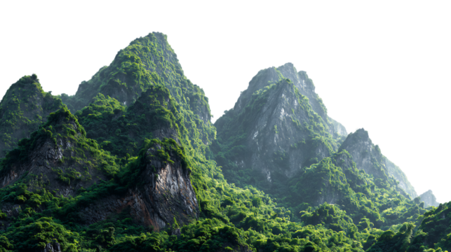 Lush green mountains rise majestically against a clear white sky isolated on transparent background - Powered by Adobe
