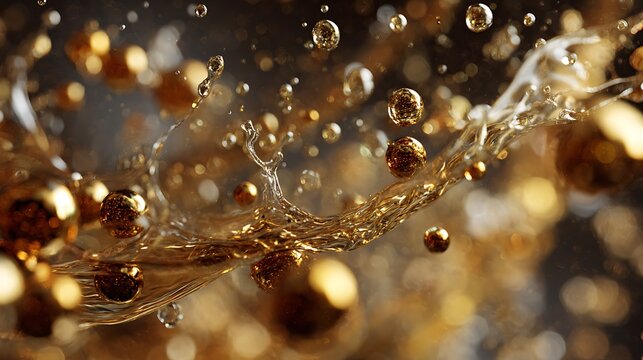 Splashing Liquid with Golden Spheres Sparkling Abstract