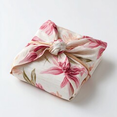 neatly folded japanese furoshiki fabric with soft floral print, placed on white background, traditional wrapping cloth detail