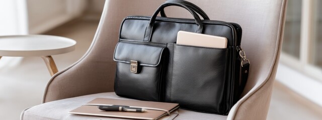 open leather business bag with visible tablet and notepad inside, placed on elegant chair, simple business concept