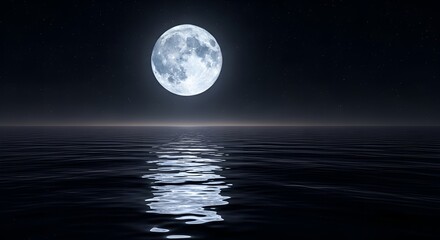 Full moon reflected over calm ocean water at night.