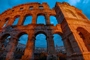 Pula Amphitheater at night, also referred to as the Coliseum of Pula in Croatia, Roman amphitheater...