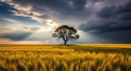 Dramatic landscape featuring a lone tree in a wheat field under a stormy sky.