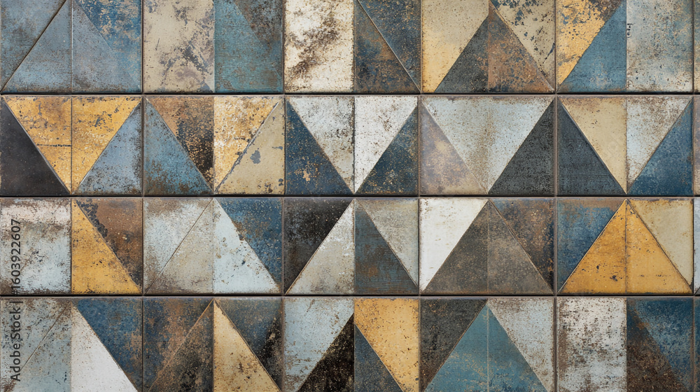 Poster geometric tile wall design in muted blues golds and grays featuring a triangular pattern