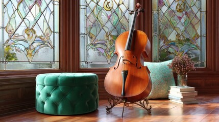art nouveau music corner, cello on vine form stand, stained glass treble clef window, emerald velvet pouf, parquet, balanced daylight, DOF