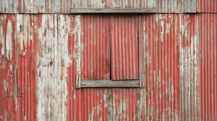 Rusted red corrugated metal wall with weathered wood window