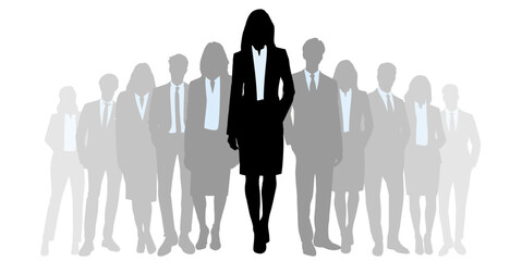 Silhouette business woman leading the team vector. Ideal for corporate leadership, teamwork, or empowerment themes. This graphic embodies strong female leadership and collaborative success.