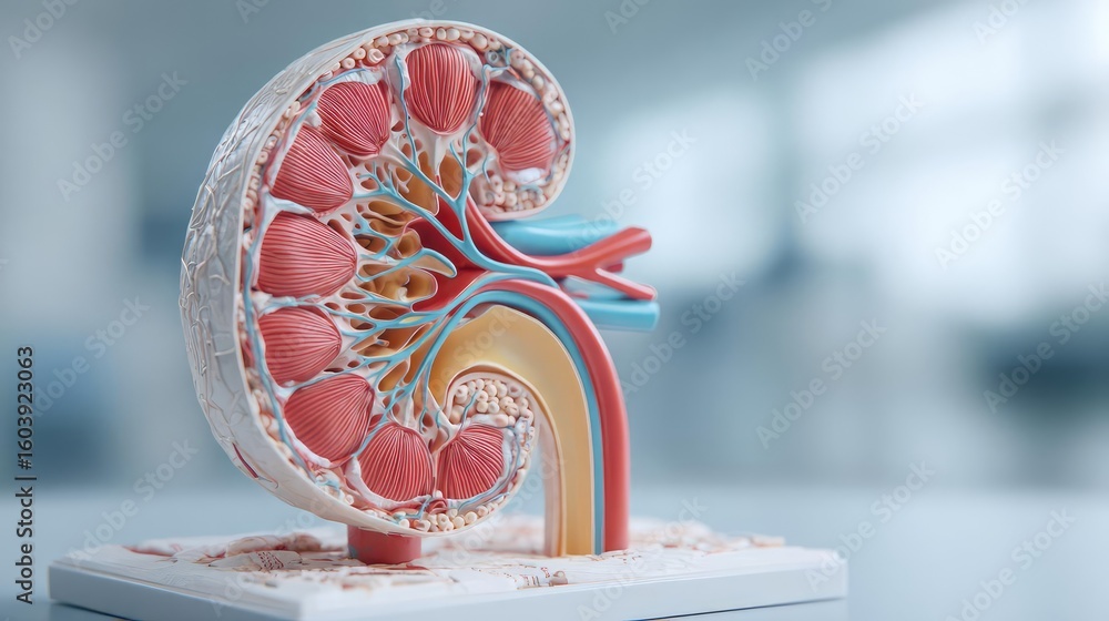 Poster urinary frequency with urine output concept. anatomical model of a human kidney demonstrating intern