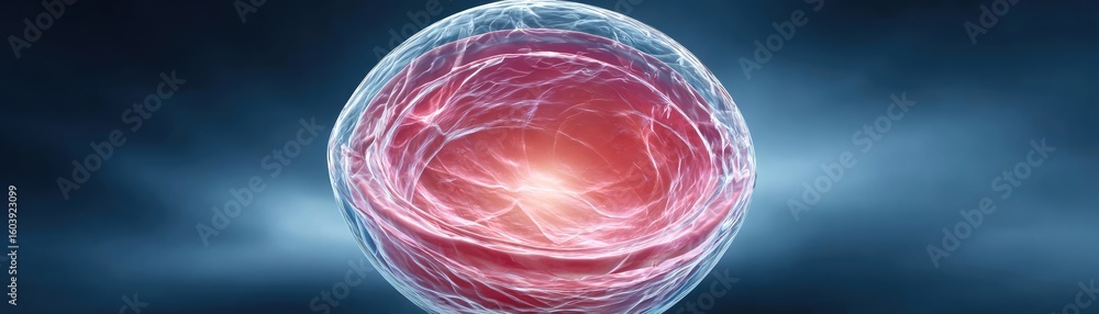 Poster fluid retention in bladder wall concept. abstract image of an energetic sphere with glowing light ef