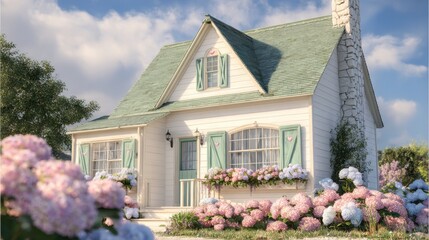 cottagecore pastel house exterior, cream clapboard, sage green roof & heart shutters, stone chimney, lush hydrangeas, soft daylight, balanced exposure