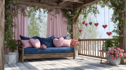 cottage veranda, rustic wood pergola, sapphire wicker sofa with heart pillows, pink drapes, climbing roses, hanging ceramic heart ornaments, soft daylight