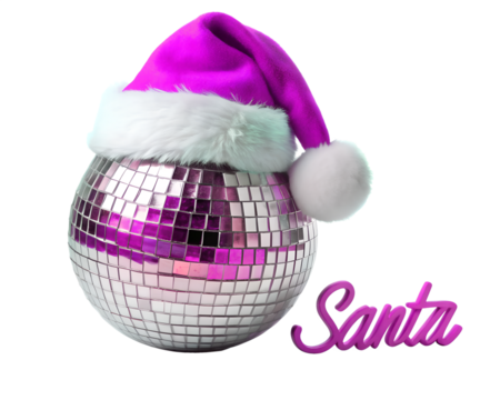 Disco ball with purple santa hat and santa text isolated on white isolated on transparent background