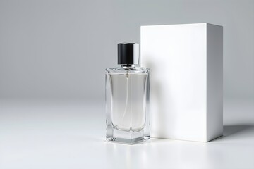 Minimalist perfume bottle with a sleek white box on a simple background showcases elegance and style for fragrance enthusiasts