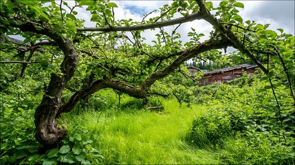 Fototapeta premium Ancient Apple Tree and Rustic Cabin Nestled in Lush Greenery.
