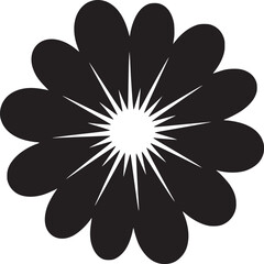 Obraz premium A stylized black and white flower with rounded petals and a starburst center on a plain white background