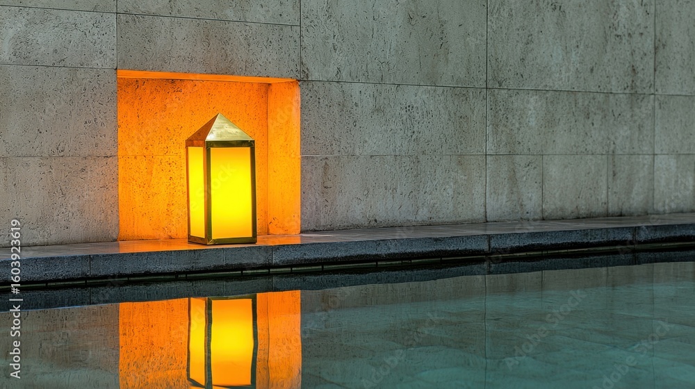 Poster a lantern with a gold frame and yellow light is reflected in a pool.