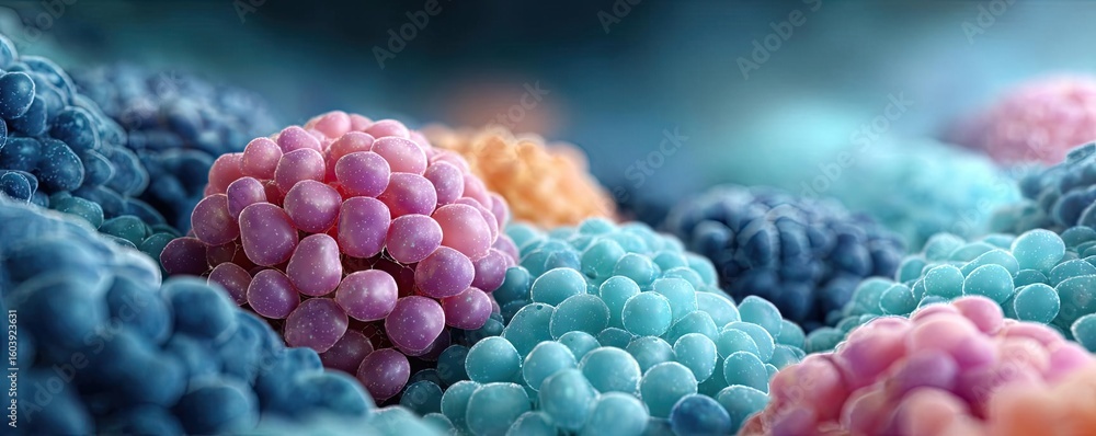 Poster fluid retention in bladder wall concept. close-up view of colorful cellular structures in vibrant de