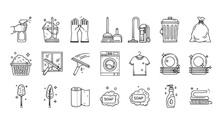 Complete Cleaning Service Vector Icon Set - Housekeeping Tools, Laundry, Vacuum, Mop, Gloves, Soap, Window Cleaning, Duster Line Icons for Professional Cleaning Apps