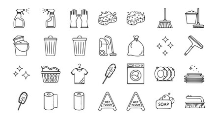 Professional Cleaning Equipment Vector Icon Set - Spray Bottles, Gloves, Sponges, Mop, Vacuum, Laundry Basket, Soap, Brushes Line Icons for Housekeeping Service Apps