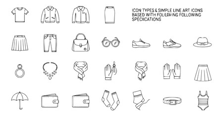 Fashion & Clothing Vector Icon Set - Apparel, Accessories, Shoes, Bags, Jewelry, T-shirt, Dress, Pants Simple Line Art Icons for E-commerce UI Design Applications