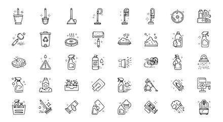 Professional Cleaning & Housekeeping Vector Icon Set - Vacuum, Mop, Spray, Sponge, Brush, Robotic Cleaner, Laundry Tools Line Icons for Service Apps & UI Design