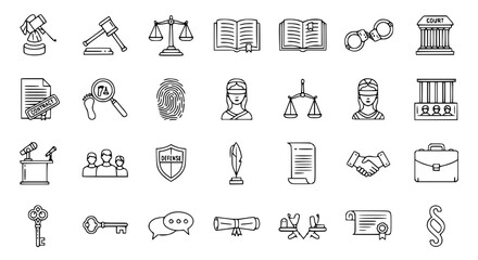 Legal Justice Law Icons Set - Gavel Scales Court Handcuffs Books Contract Fingerprint Judge Jury Defense Shield Briefcase Certificate Handshake Vector Line Art Outline Symbols