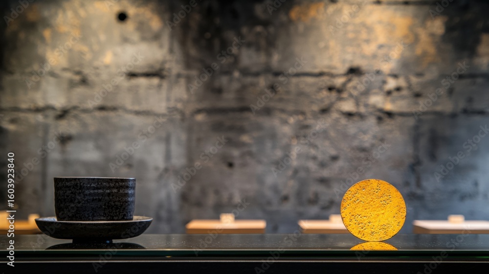 Aufkleber a black and gold table setting with a yellow object on it.