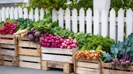 Wooden crates filled with freshly harvested vegetables stacked near a white picket fence, colorful produce including beets, radishes, and kale