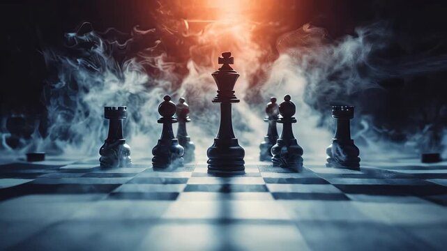 video of Chessboard game symbolizing business concepts, competition, and strategic thinking. Chess pieces set against a dark, smoky background with fog