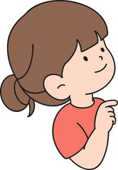 A girl pointing beside her