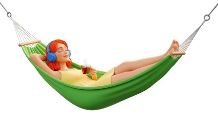 Woman relaxing in hammock with drink and headphone