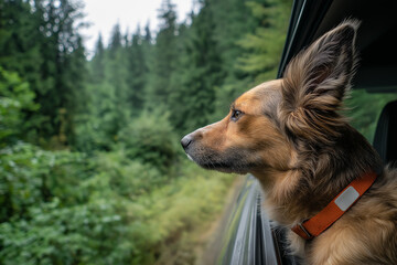 A dog sticks its head out of the car window, looking at the mountains and forests, presenting a healing and natural pet travel scene, suitable for pet, travel, and life - related materials.