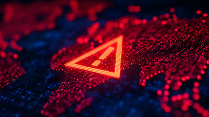 Digital alert symbol overlaid on a global network map with a vibrant red and blue color scheme.