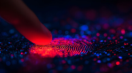 A finger touches a glowing fingerprint on a digital surface, showcasing technology and security themes.