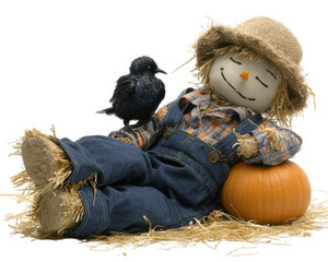 Sleepy scarecrow resting on straw with black bird perched on arm, wearing denim overalls, plaid shirt, and straw hat, leaning against pumpkin, autumn harvest, peaceful mood