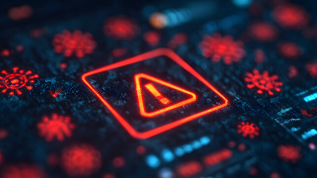 Digital warning symbol amidst a network of red virus icons and circuit patterns.