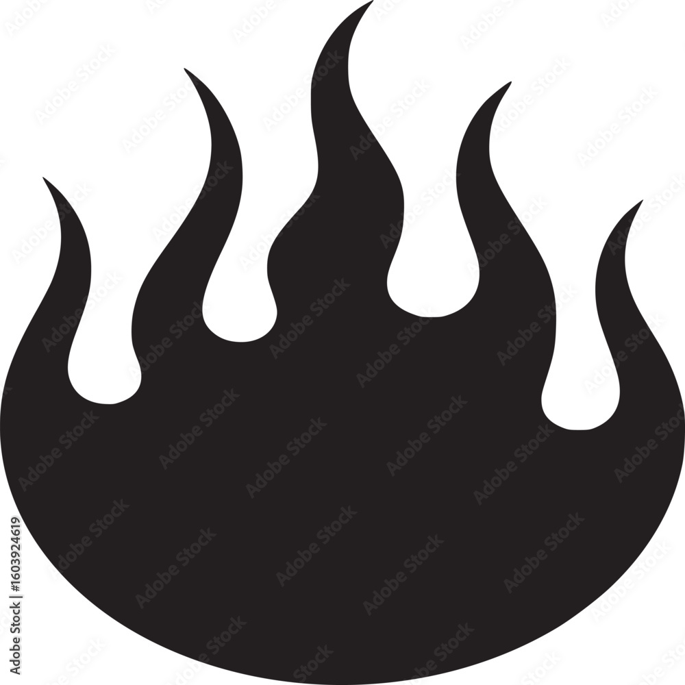 Poster a black flame graphic with a rounded base and sharp points on a plain white background illustration